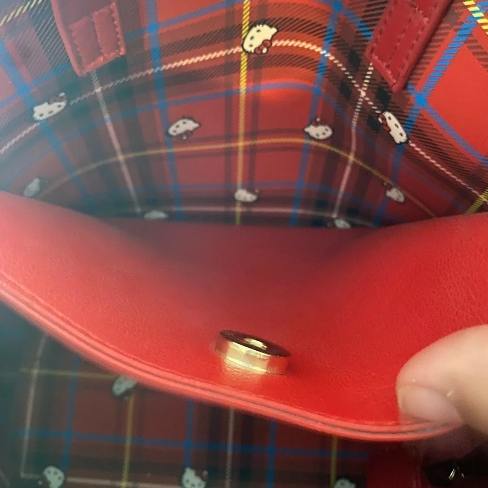Sanrio Hello Kitty Red tote bag tartan check ribbon PU leather (rare)
